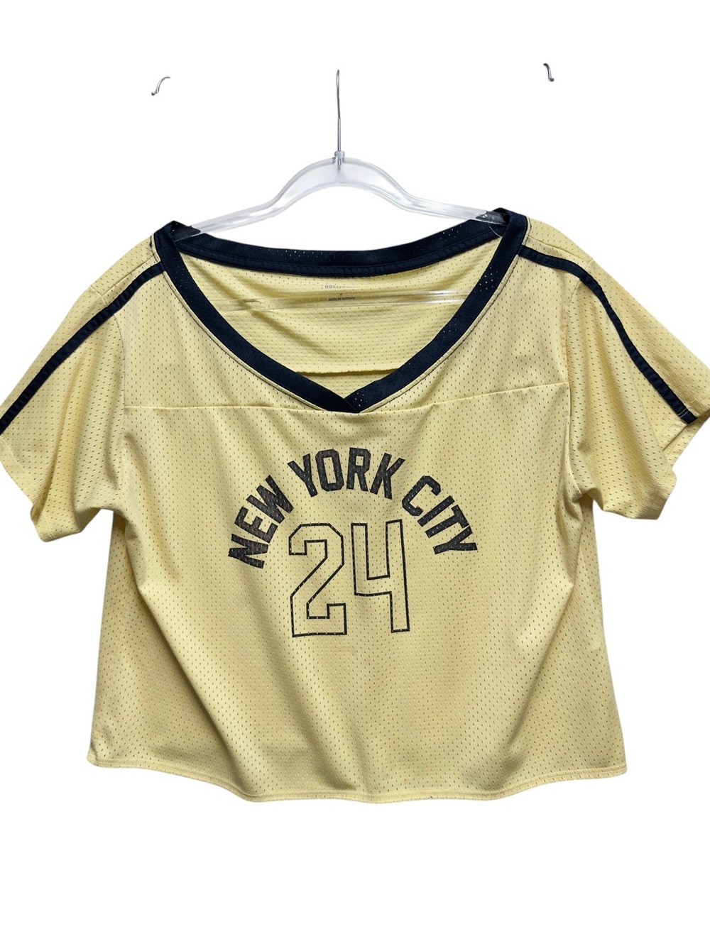 Hollister Oversized Yellow Mesh V-Neck Jersey Top Tee Navy Trim Contrast